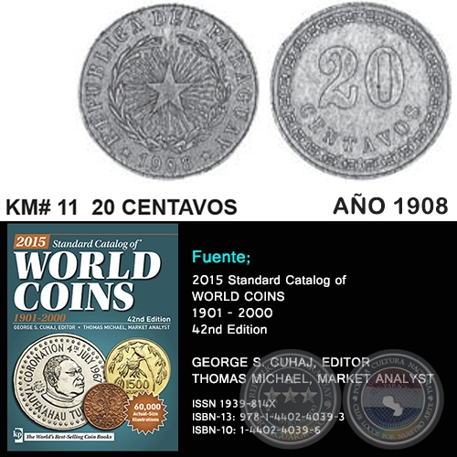 KM# 11 20 CENTAVOS - AO 1908 - MONEDAS DE PARAGUAY