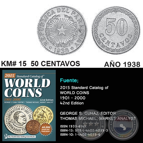 KM# 15 50 CENTAVOS - AO 1938 - MONEDAS DE PARAGUAY
