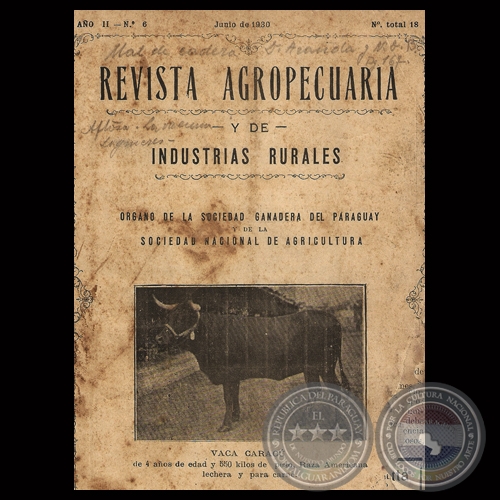 1930 - N 18 - REVISTA AGROPECUARIA Y DE INDUSTRIAS RURALES - Director GUILLERMO TELL BERTONI