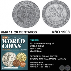 KM# 11 20 CENTAVOS - AO 1908 - MONEDAS DE PARAGUAY