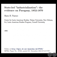 ESTADO E INDUSTRIALIZACIN: DOS HIPTESIS Y LA EVIDENCIA SOBRE EL PARAGUAY, 1852-1870 - Por MARIO PASTORE 