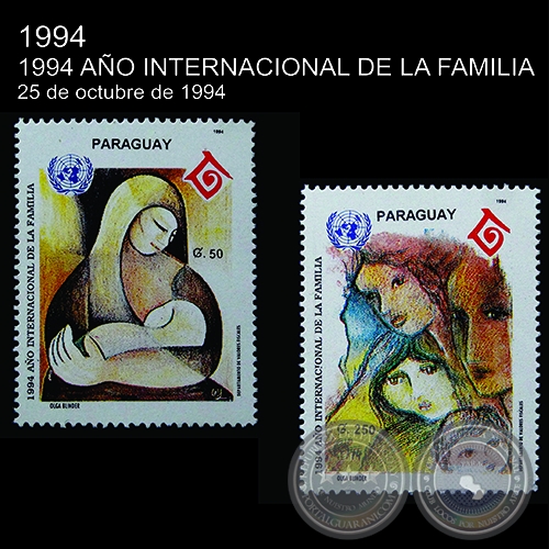 Pintura al leo de la artista OLGA BLINDER - 1994 AO INTERNACIONAL DE LA FAMILIA - SELLO POSTAL PARAGUAYO AO 1994
